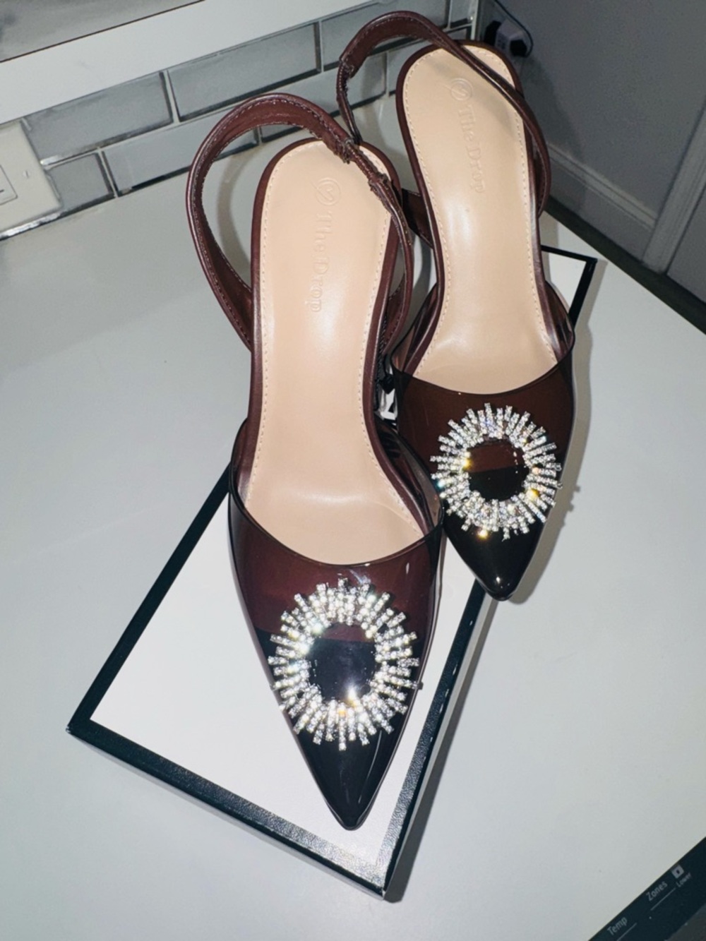 The Drop Women’s Dark Brown Pointed Slingback Heels with Crystal Sunburst - Picture 5 of 7